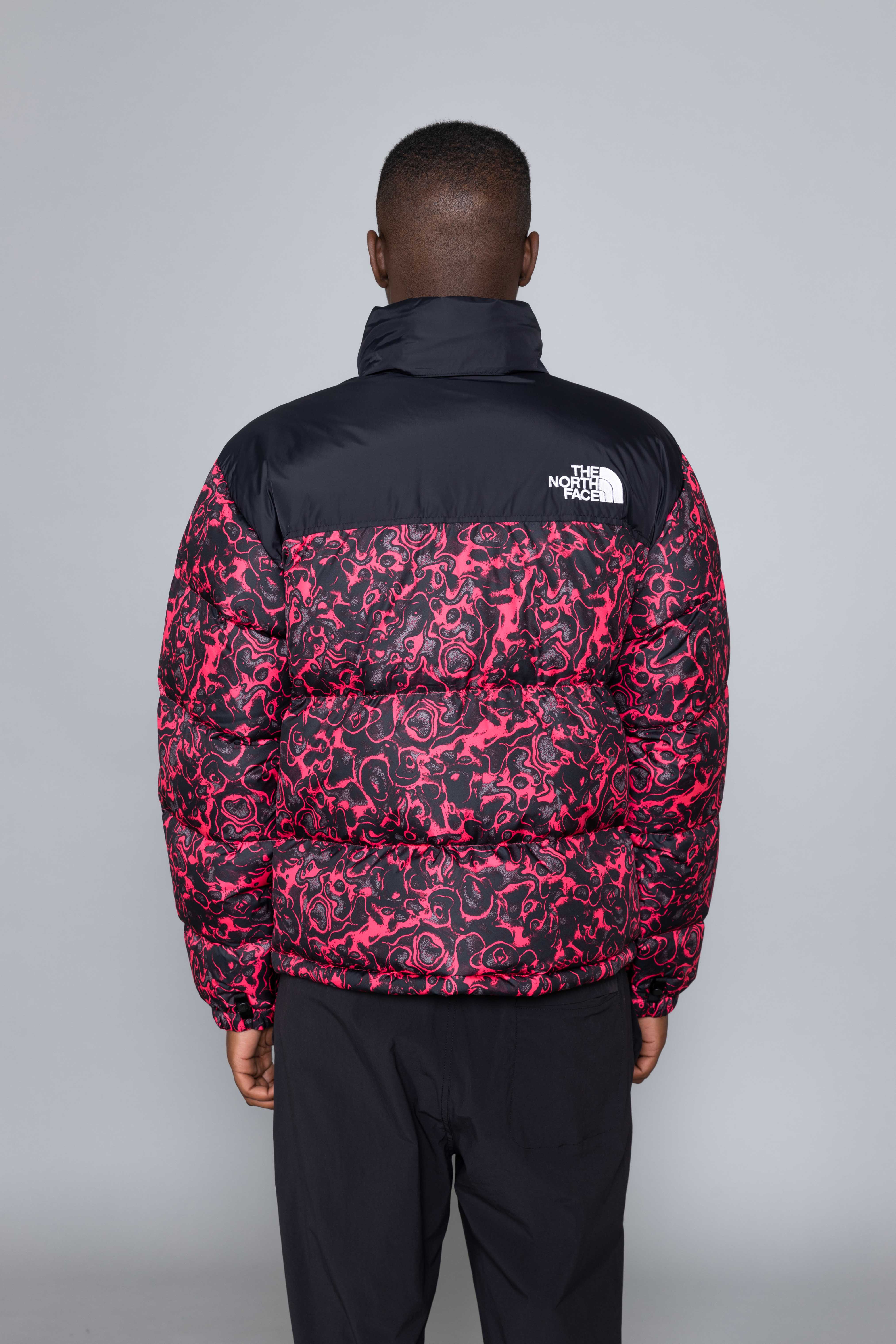 red and black north face puffer