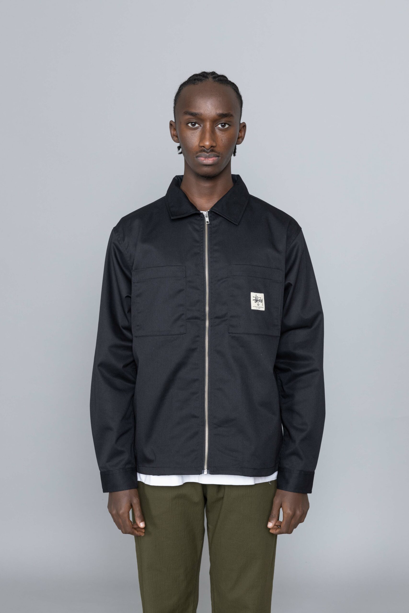 black zip up shirt