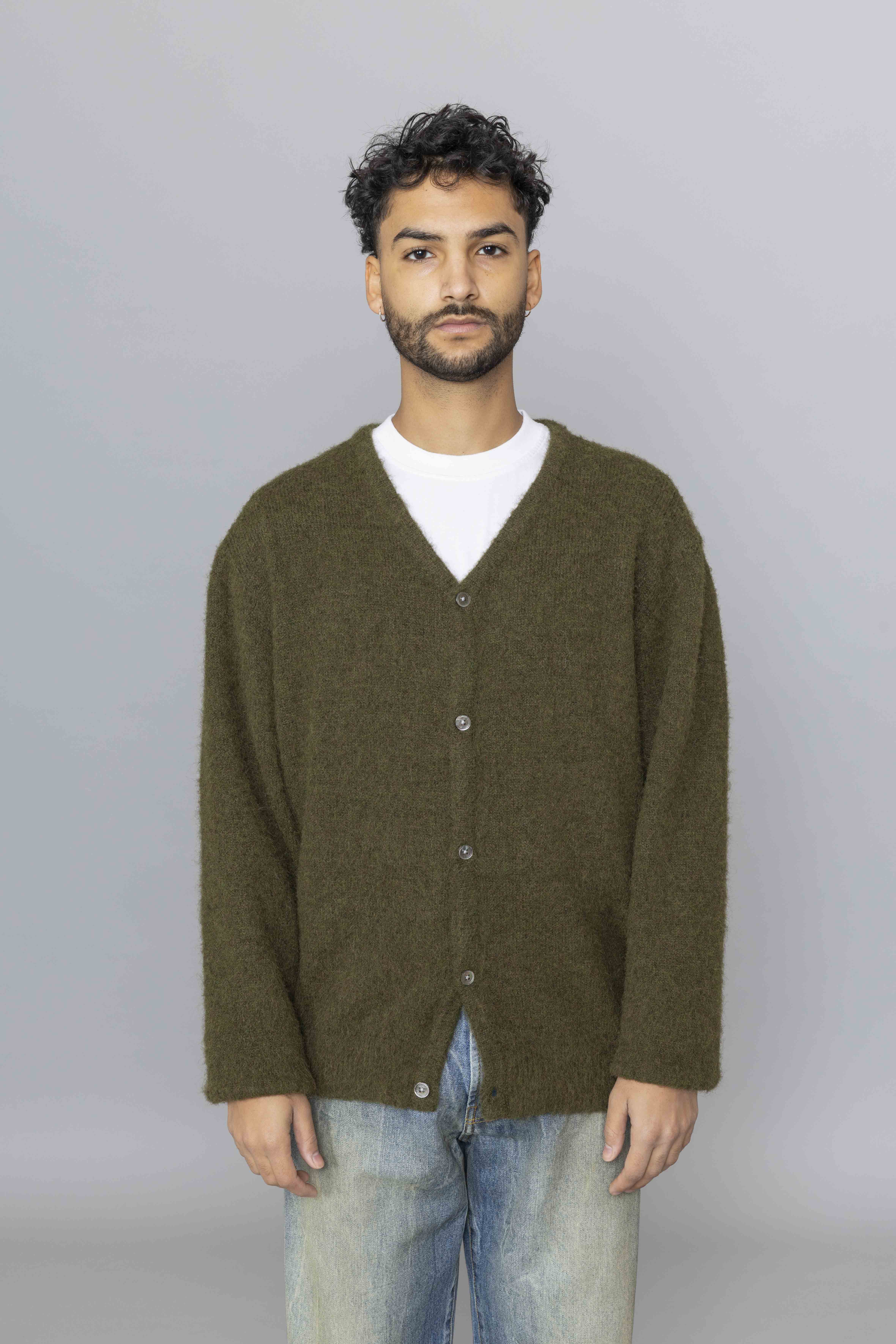 THISISNEVERTHATHairyKnitCardiganOliveGreenFront