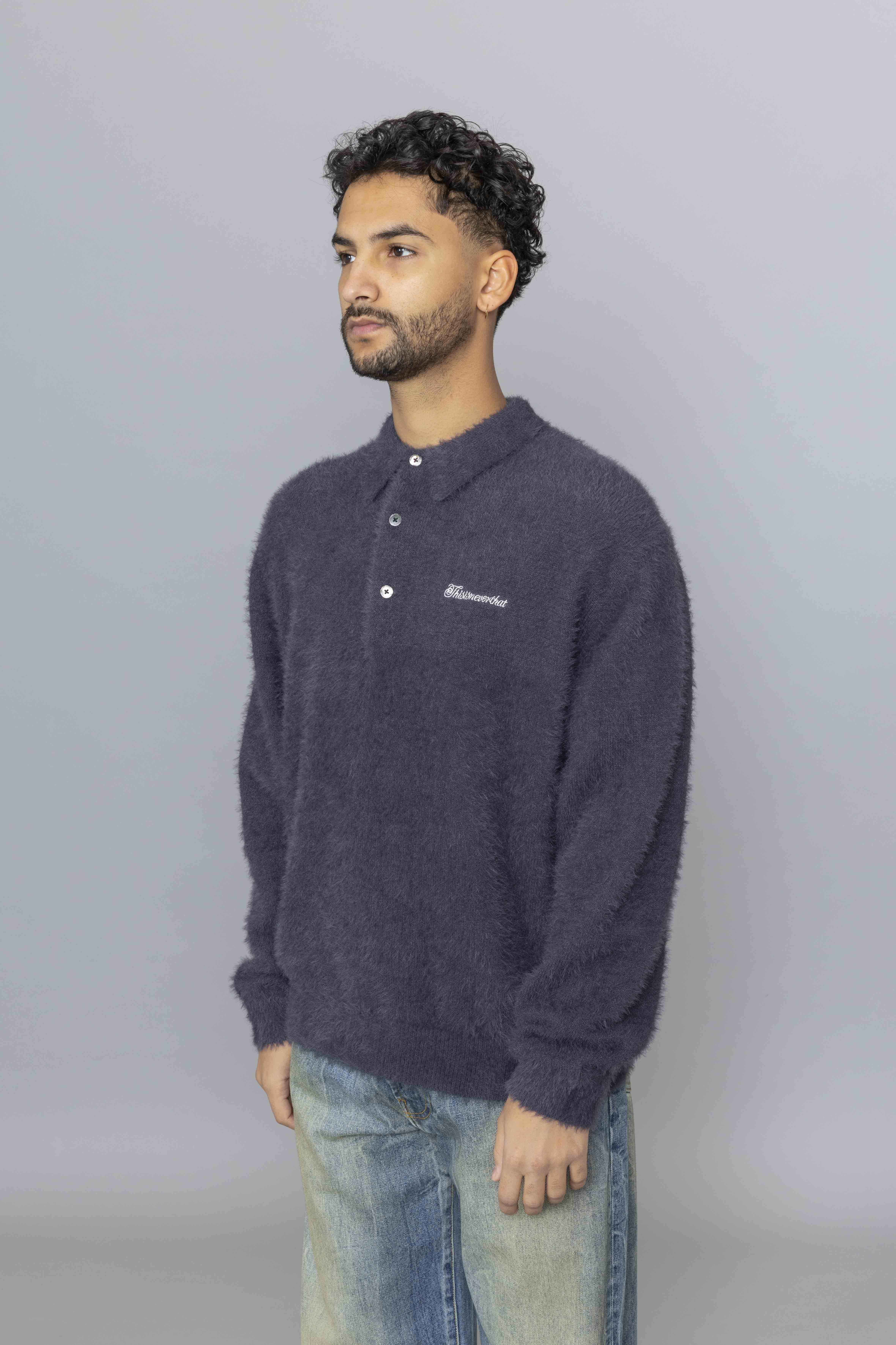 THISISNEVERTHATSCT-LogoShaggyKnitPoloCharcoalDia