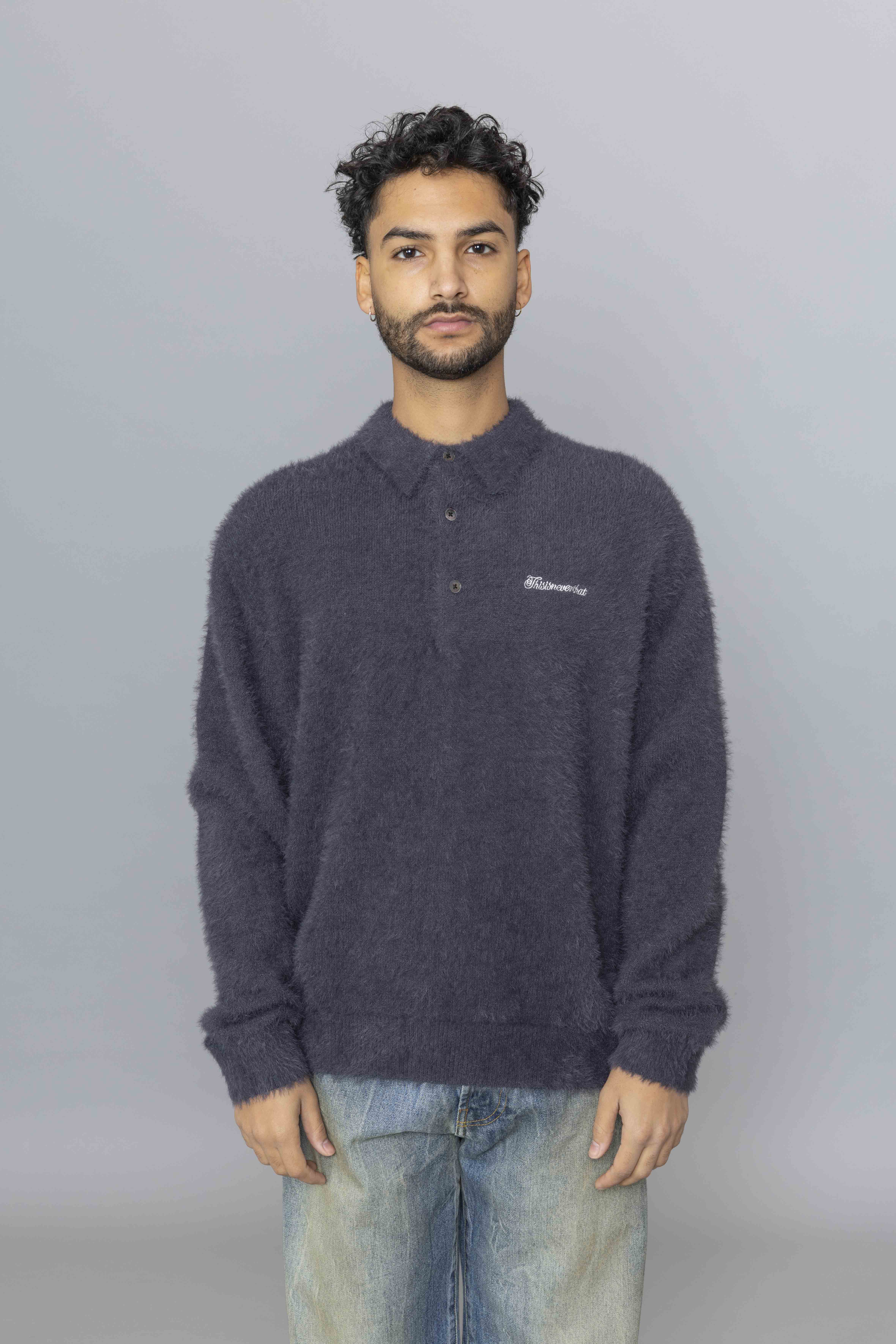 THISISNEVERTHATSCT-LogoShaggyKnitPoloCharcoalFront