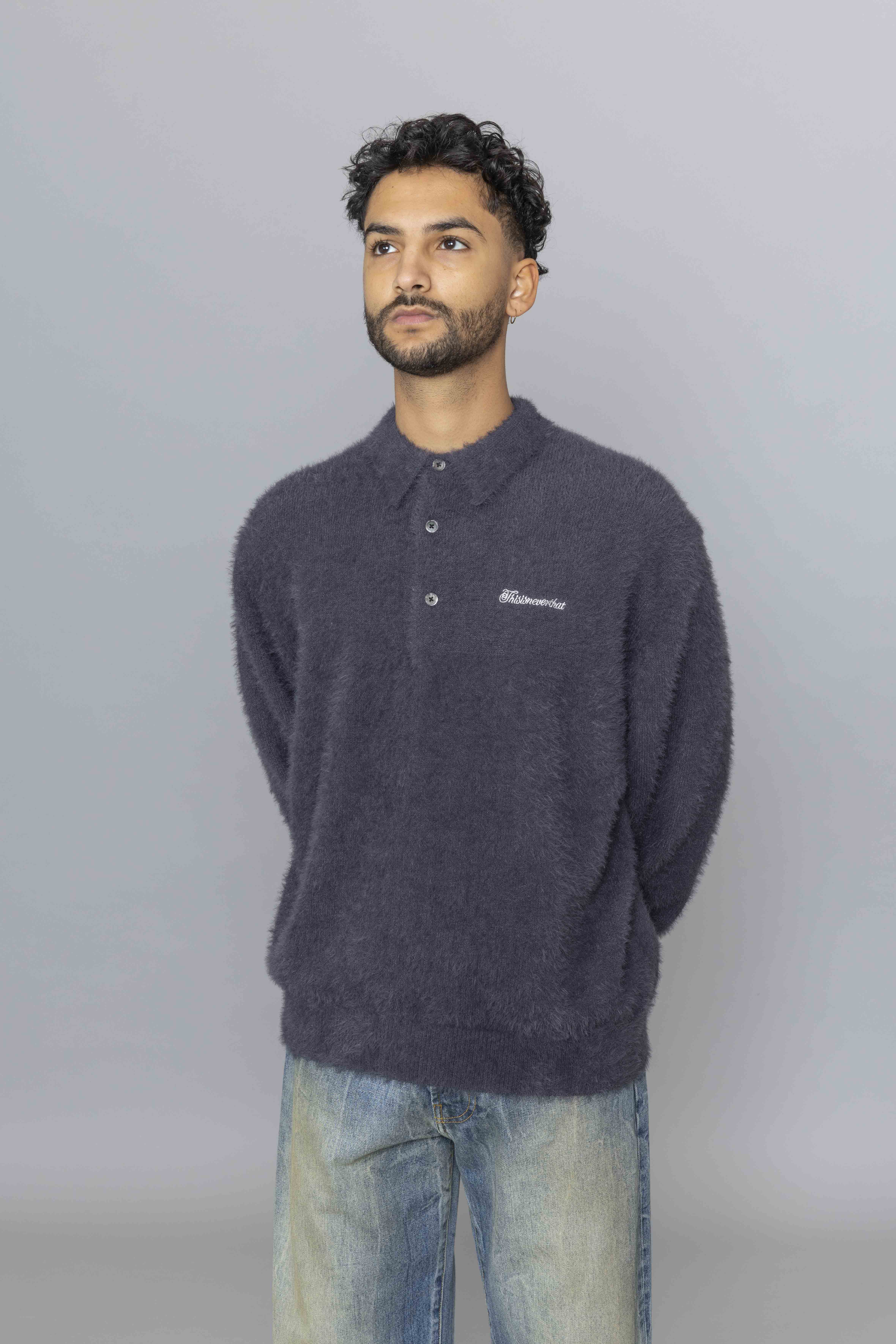 THISISNEVERTHATSCT-LogoShaggyKnitPoloCharcoalFs